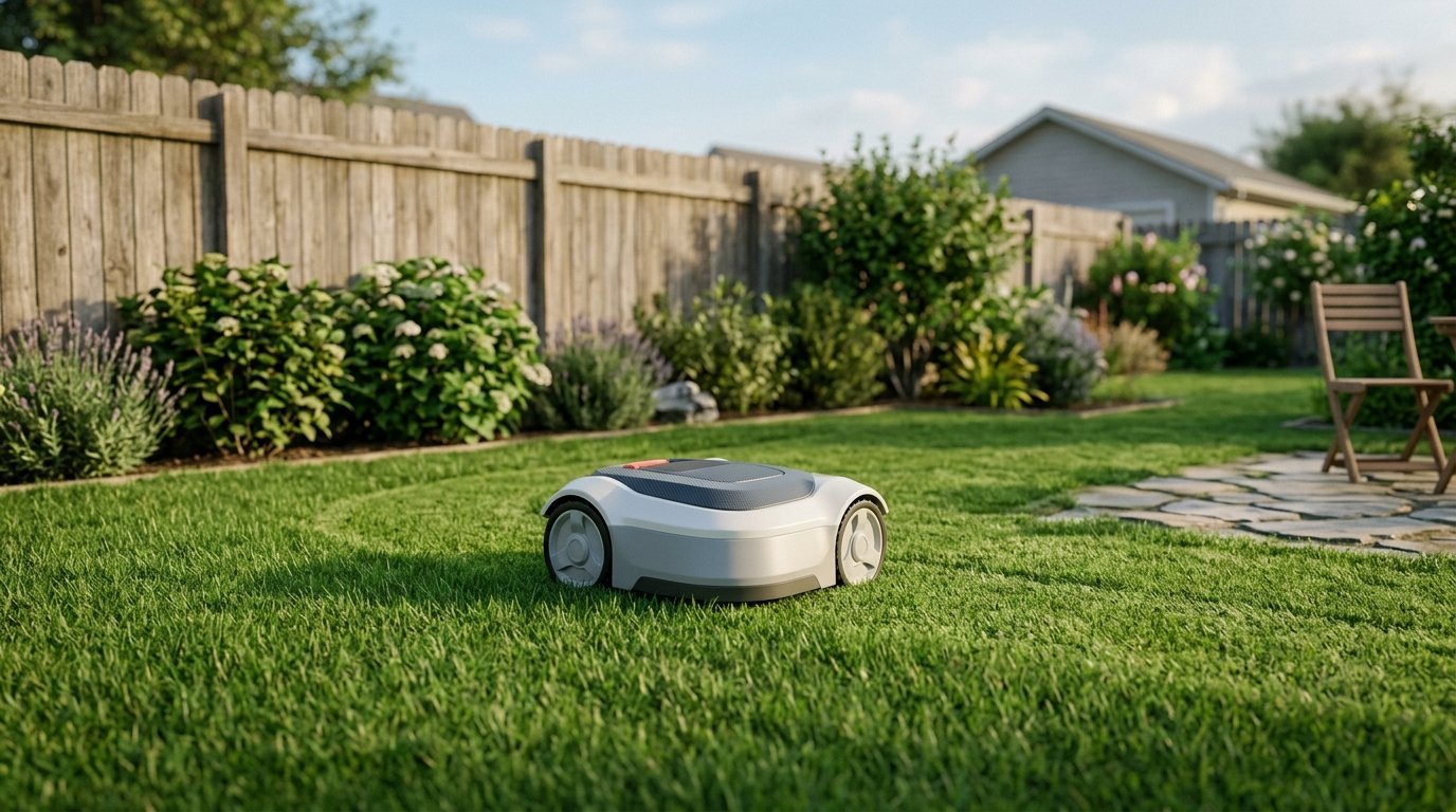 AI-generated photo-style image of a small robot mower mowing a modest suburban backyard