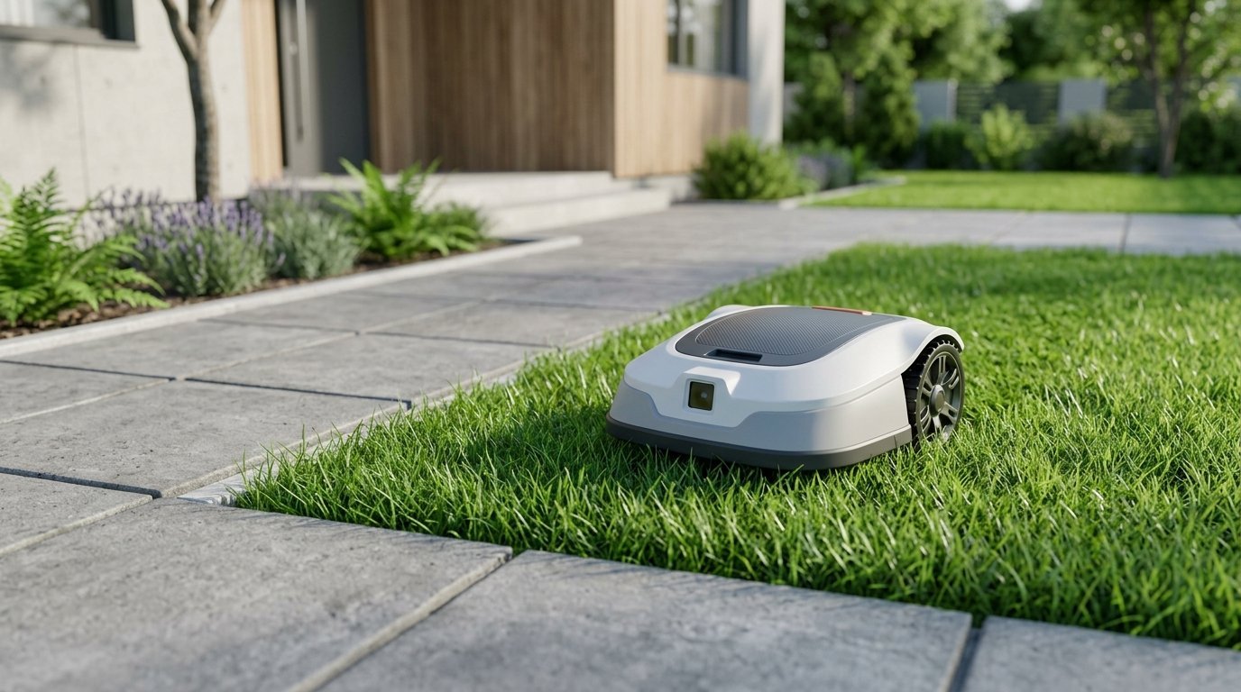 AI-generated photo-style image of a compact camera-guided robot mower on a small flat front lawn