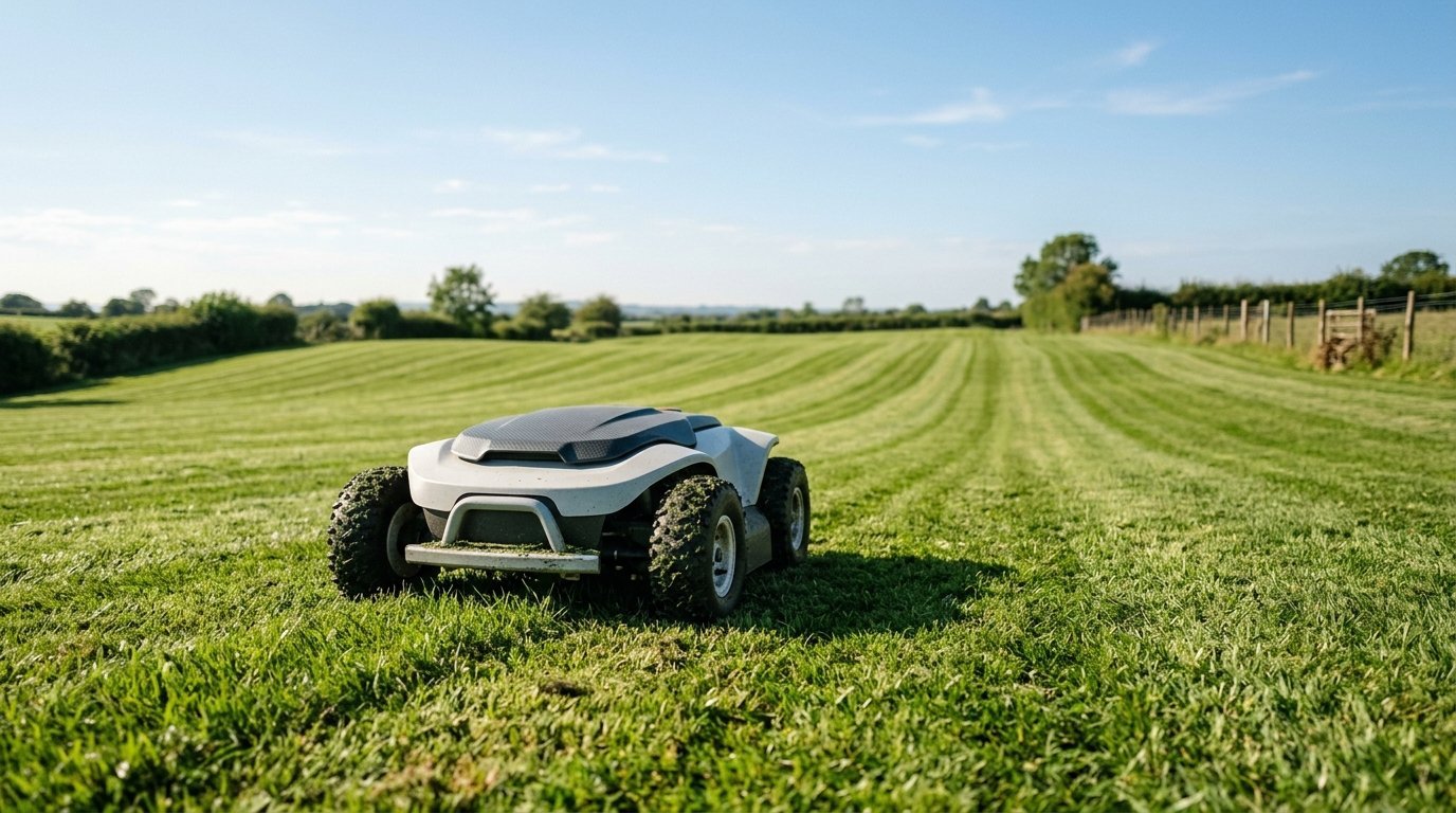 AI-generated photo-style image of a large four-wheel-drive robot mower on a wide rolling lawn