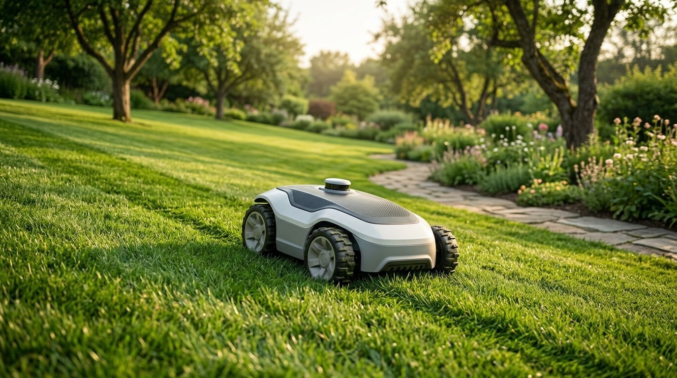 AI-generated photo-style image of a premium all-wheel-drive robot mower with a sensor dome on a sloped garden lawn