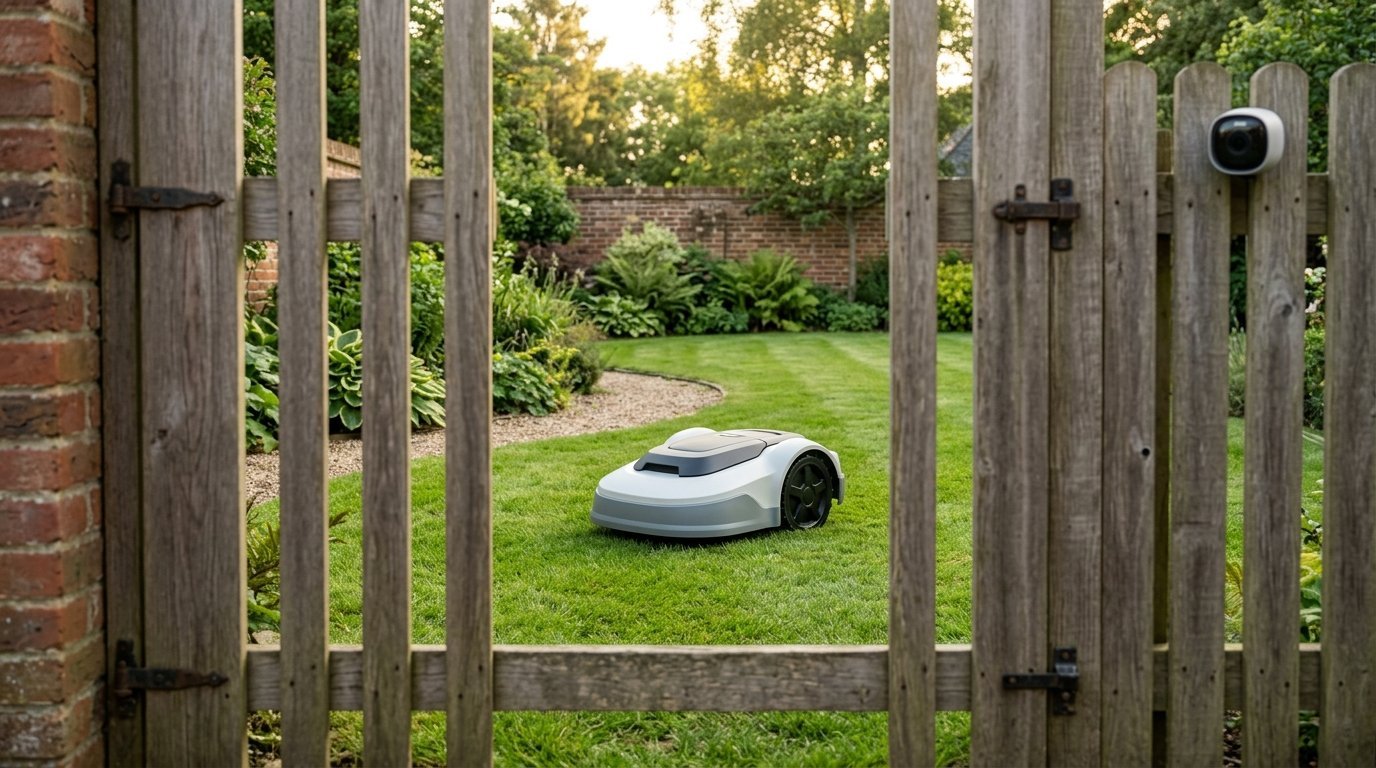 AI-generated photo-style image of a robot mower in a fenced backyard behind a closed garden gate