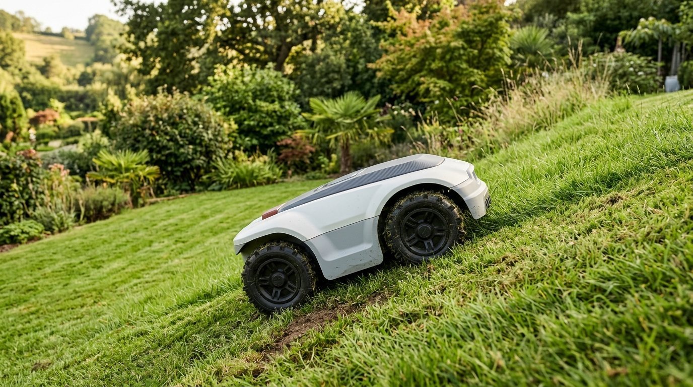 AI-generated photo-style image of an all-wheel-drive robot mower climbing a steep grassy slope