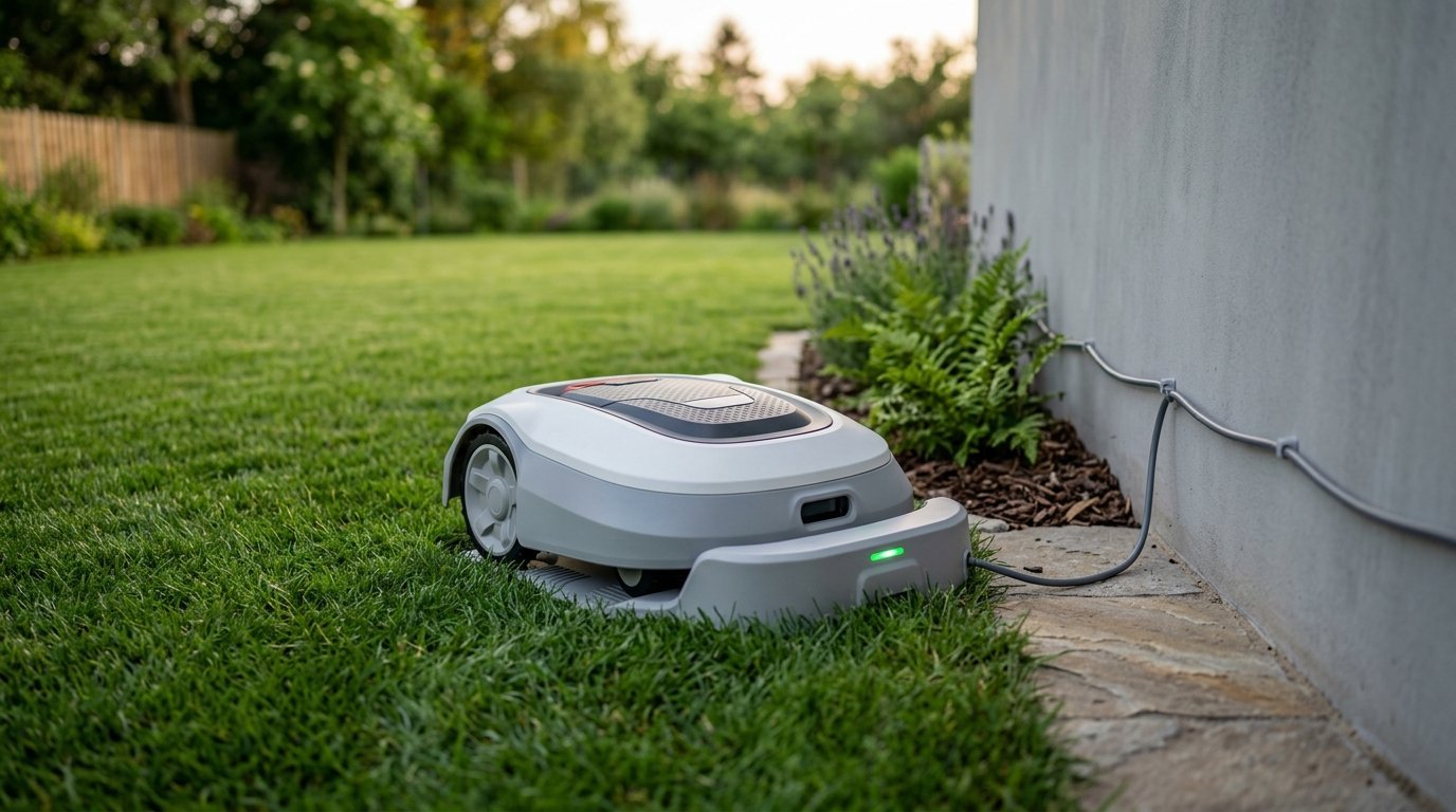 AI-generated photo-style image of a robot mower docked on its charging station at the edge of a lawn