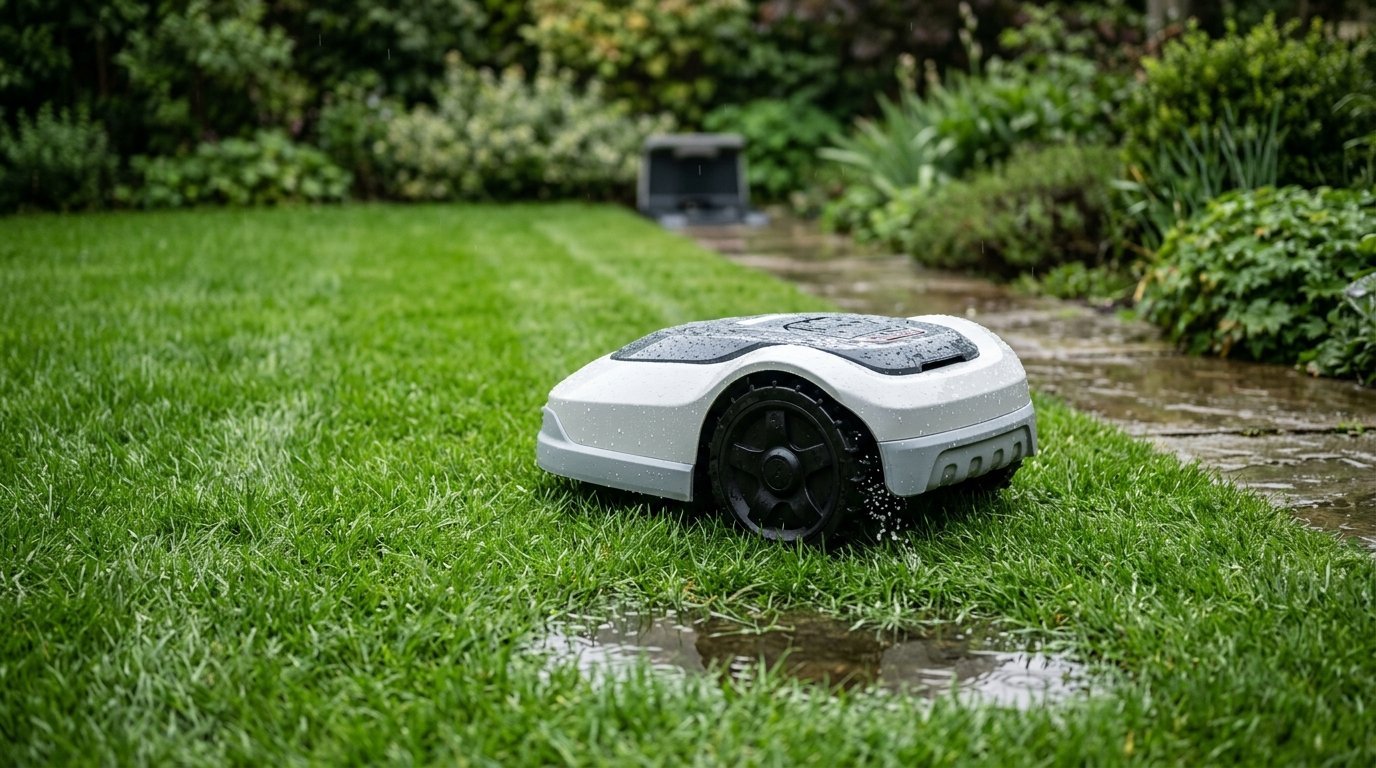 AI-generated photo-style image of a robot mower heading back to its station during light rain