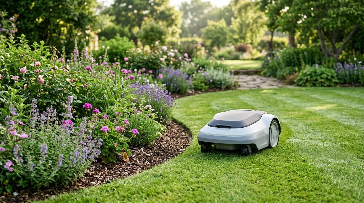 AI-generated photo-style image of a robot mower working near a flower bed with no boundary wire around the lawn