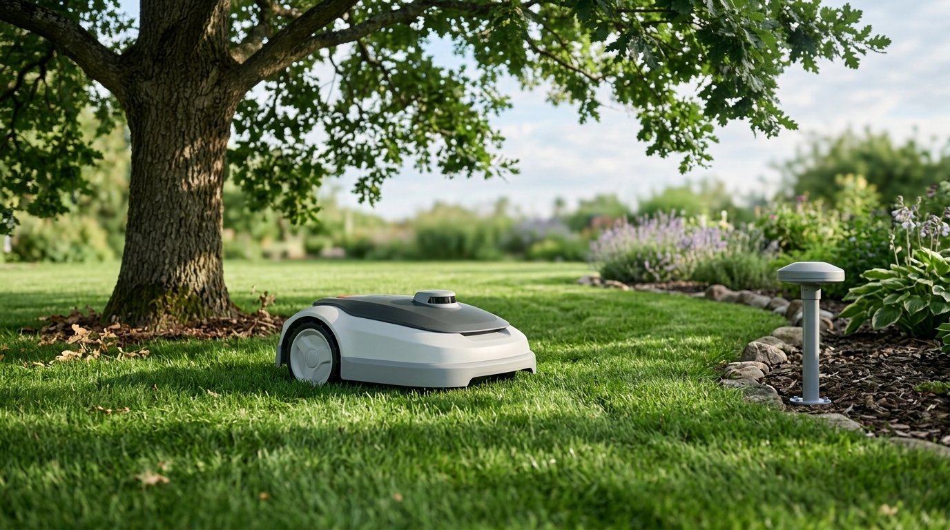 AI-generated photo-style image of a robot mower with a sensor dome under a tree, a satellite antenna at the lawn edge