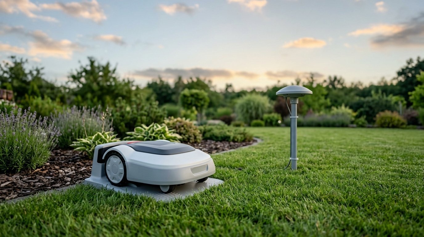 AI-generated photo-style image of a robot mower near its charging station and a small satellite reference antenna on a pole