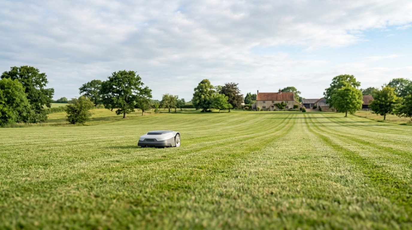 AI-generated photo-style image of a robot mower on a very large rolling lawn with trees in the distance