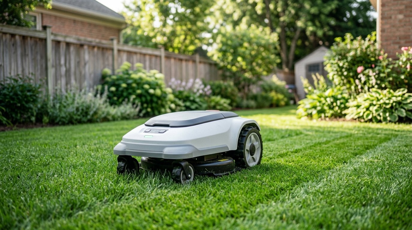 AI-generated photo-style image of a robot lawn mower cutting stripes into a sunny suburban backyard lawn