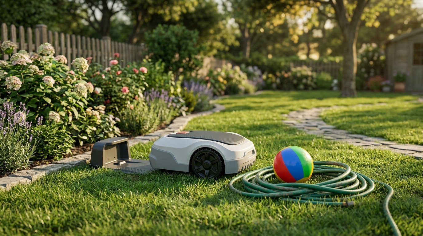 AI-generated photo-style image of a robot mower stopped beside its charging station, with a coiled garden hose and a ball left on the lawn nearby