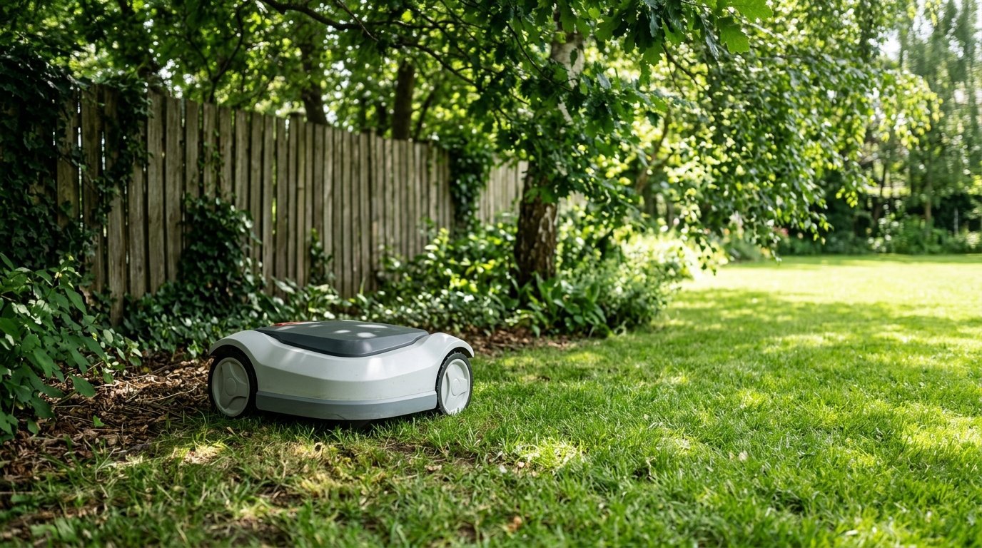 AI-generated photo-style image of a robot mower paused in a shaded corner of a lawn under tall trees