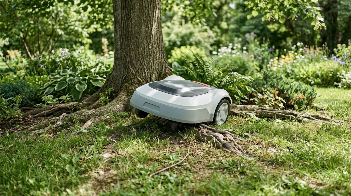 AI-generated photo-style image of a robot mower stopped near exposed tree roots on an uneven lawn