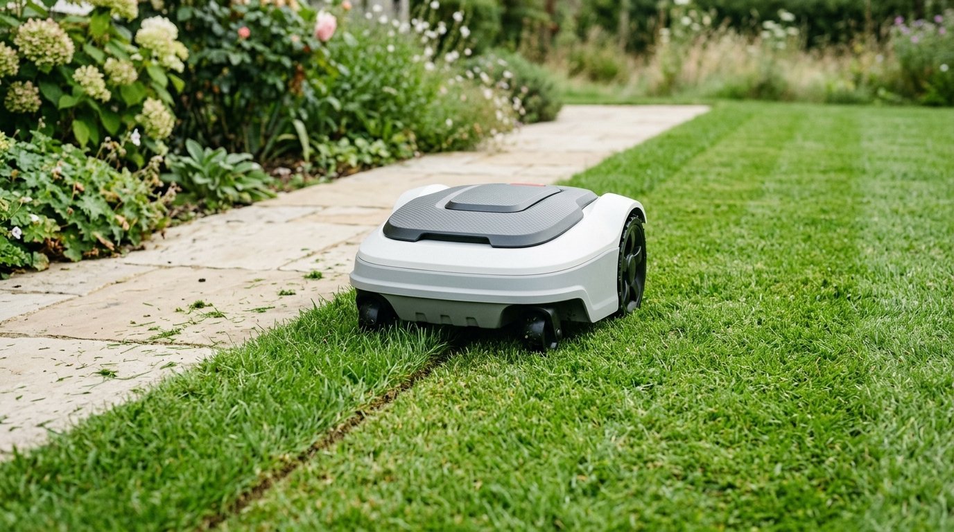 AI-generated photo-style image of a robot mower trimming the lawn edge along a stone path