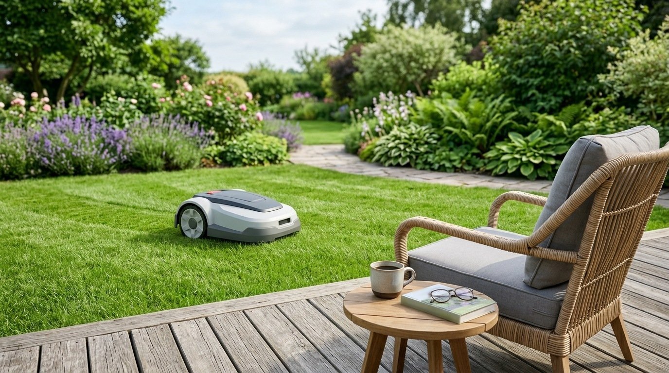 AI-generated photo-style image of a robot mower working on the lawn beside an empty patio chair and a cup of coffee