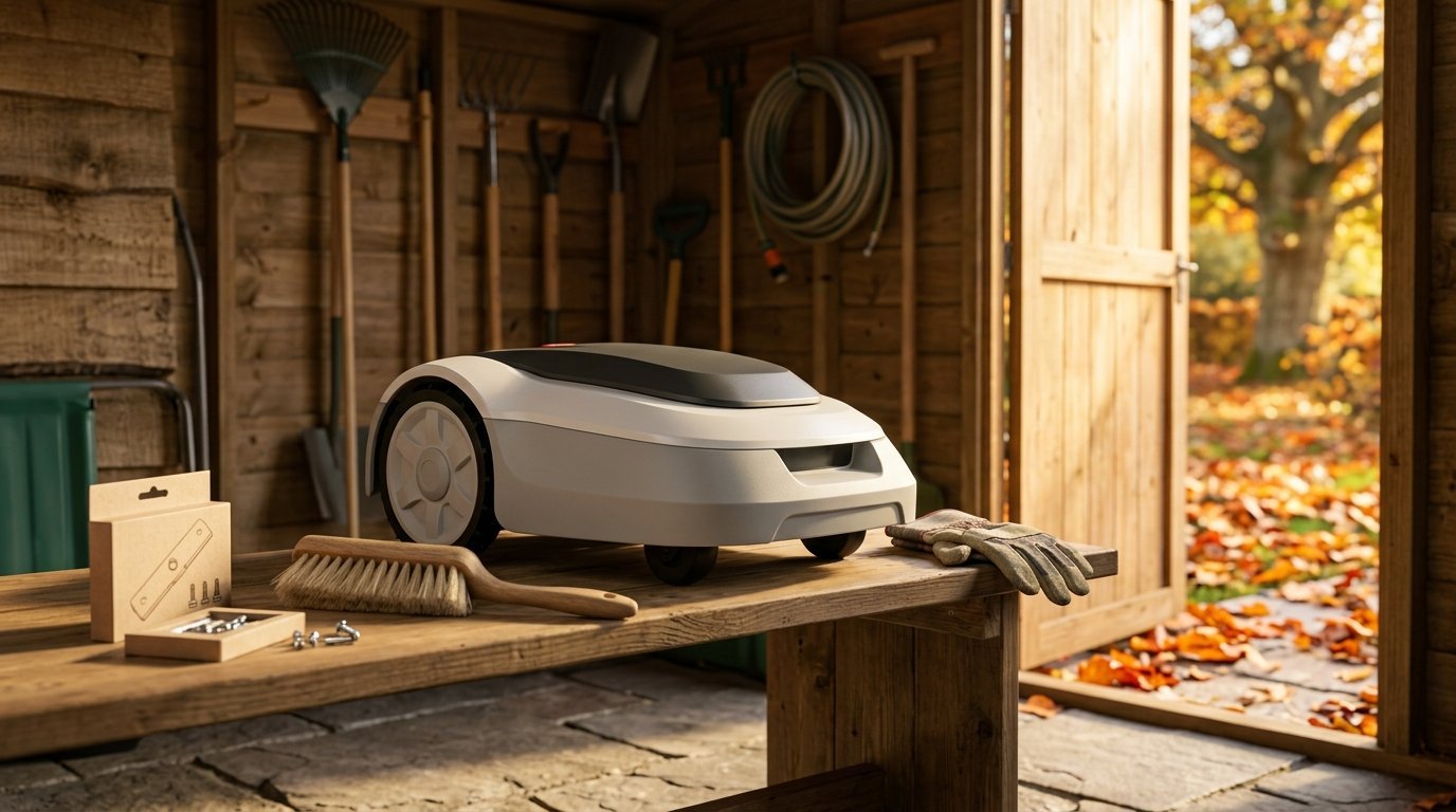 AI-generated photo-style image of a clean robot mower stored on a shelf in a tidy garden shed