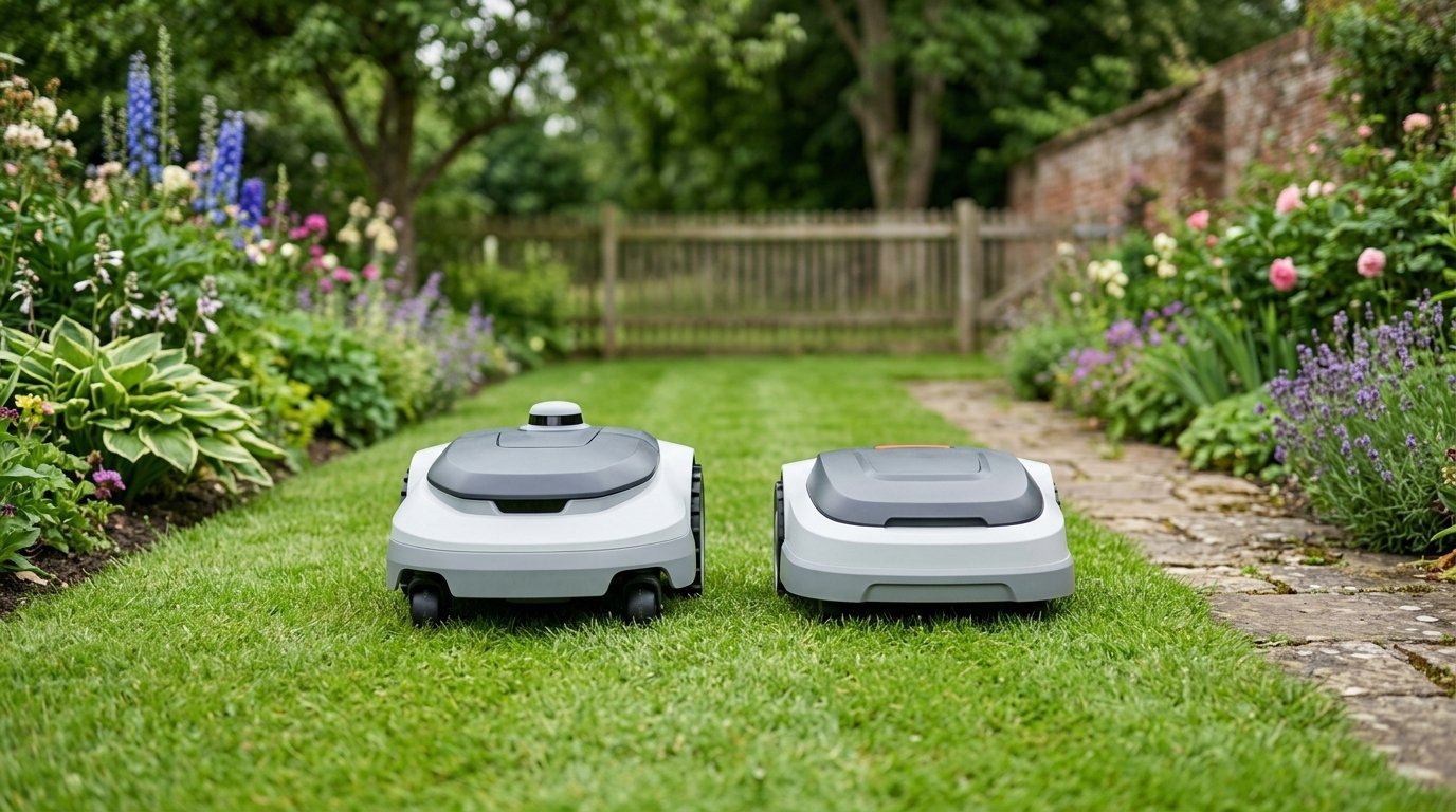 AI-generated photo-style image of two compact robot mowers on a small backyard lawn with flower beds