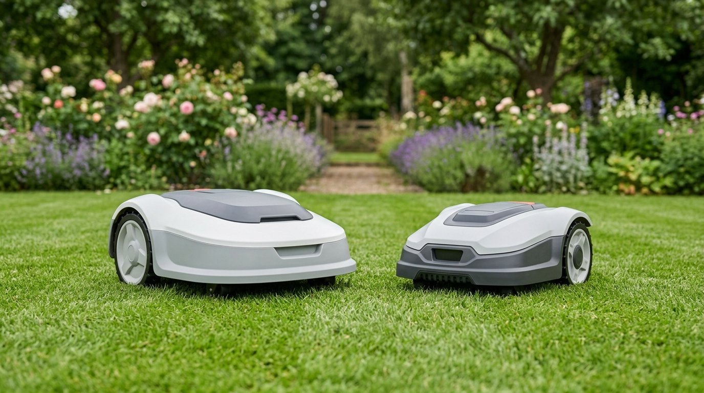 AI-generated photo-style image of two different unbranded robot mowers side by side on a lawn